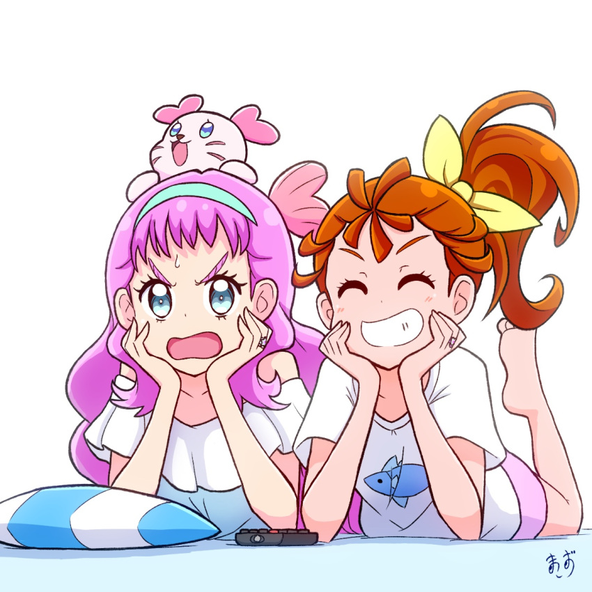 2girls animal_on_head animal_print artist_name barefoot bed_sheet blue_hairband blue_shirt casual commentary controller elbow_rest facing_viewer fish_print frown grin hair_ribbon hairband head_rest highres jewelry kururun_(precure) laura_la_mer legs_up long_hair looking_at_viewer loungewear medium_hair multiple_girls natsuumi_manatsu off-shoulder_shirt off_shoulder on_bed on_head open_mouth pillow pink_shorts precure print_shirt remote_control ribbon ring shirt shorts side-by-side side_ponytail signature simple_background smile sweatdrop t-shirt tropical-rouge!_precure v-shaped_eyebrows white_background white_shirt yellow_ribbon zerolay