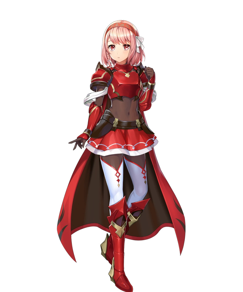 1girl armor armored_boots boots braid breastplate cape chachie covered_navel fire_emblem fire_emblem_engage fire_emblem_heroes gauntlets gold_trim hair_ornament hairband hand_up highres lapis_(fire_emblem) loincloth looking_at_viewer miniskirt non-web_source official_art pink_hair red_armor red_cape red_eyes short_hair shoulder_armor skin_tight skirt solo thigh-highs transparent_background