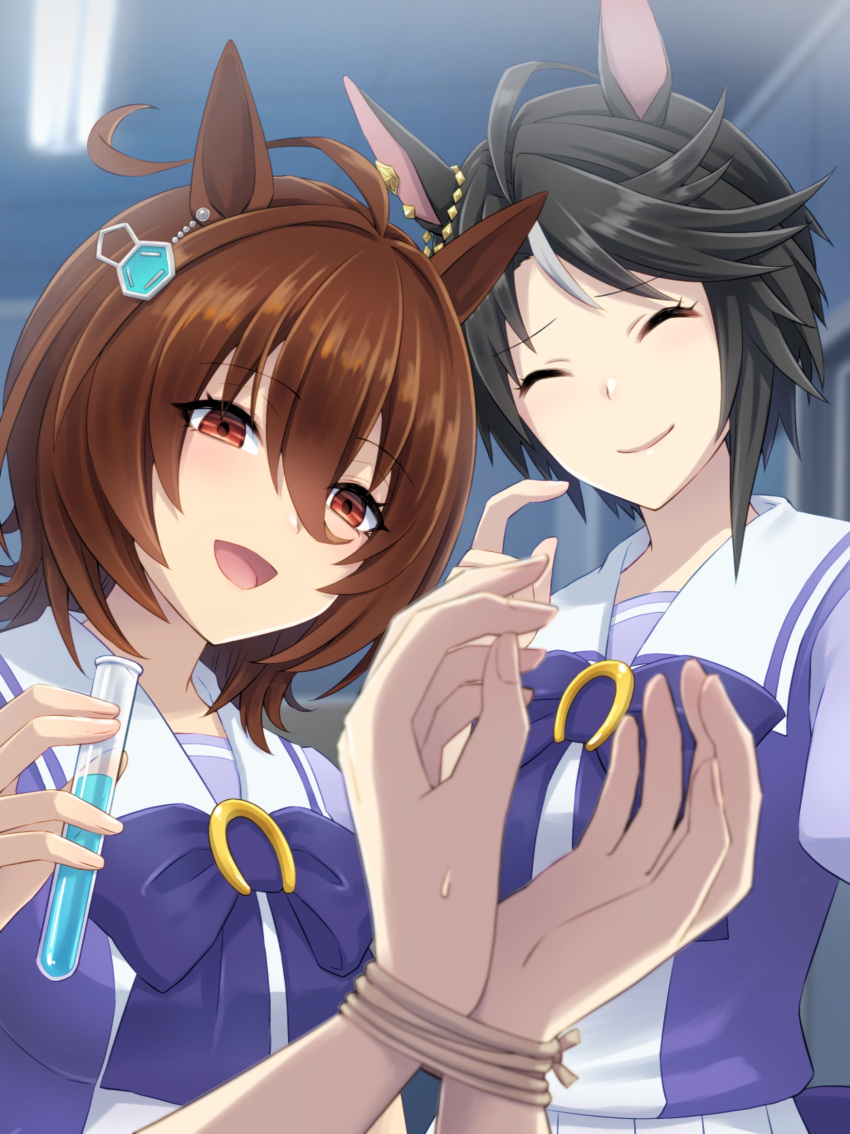 2girls ^_^ agnes_tachyon_(umamusume) ahoge animal_ears black_hair blurry blurry_background bound bound_wrists bow bowtie brown_eyes brown_hair closed_eyes commentary_request empty_eyes facing_viewer fuji_kiseki_(umamusume) furrowed_brow grey_hair hair_between_eyes hand_up height_difference highres horse_ears huge_ahoge indoors long_bangs looking_at_viewer loveloveknight medium_hair meme multicolored_hair multiple_girls nervous nervous_smile nine_years_in_a_coma_(meme) open_mouth parted_lips pov pov_hands rope sailor_collar school_uniform shirt smile tracen_school_uniform two-tone_hair umamusume upper_body
