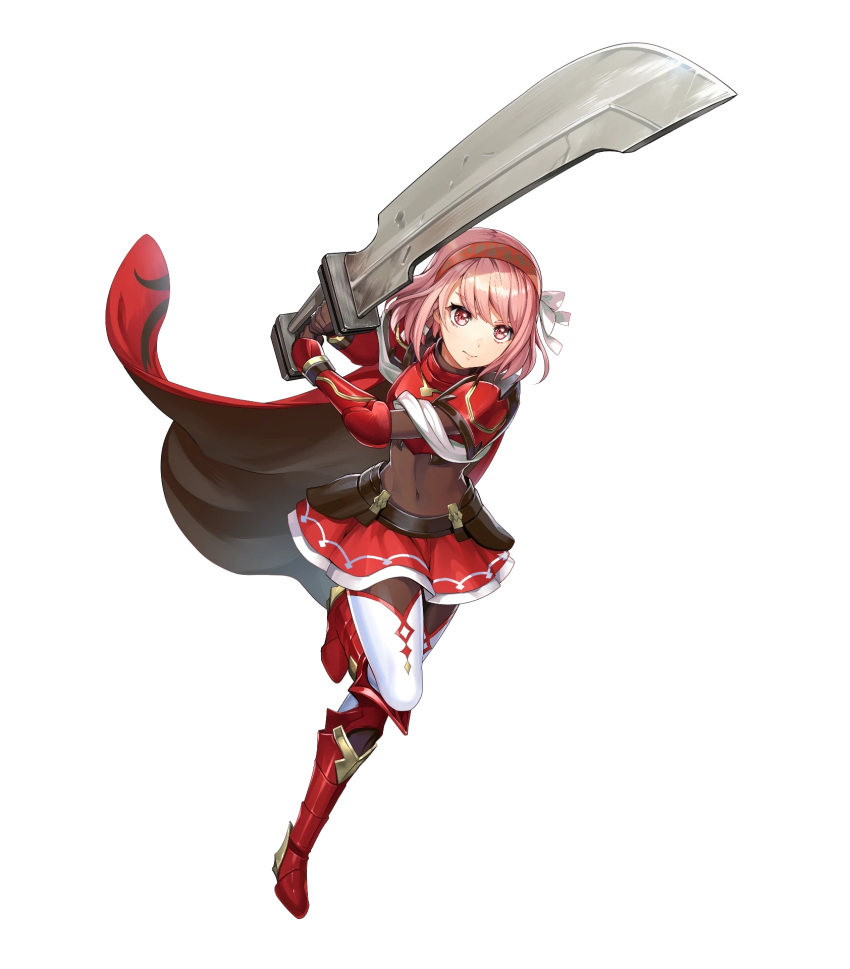 1girl armor armored_boots boots breastplate cape chachie closed_mouth covered_navel fire_emblem fire_emblem_engage fire_emblem_heroes gauntlets hair_ornament hairband highres holding holding_sword holding_weapon lapis_(fire_emblem) leg_up loincloth non-web_source official_art pink_hair red_armor red_cape red_eyes short_hair shoulder_armor skin_tight skirt solo sword thigh-highs transparent_background weapon