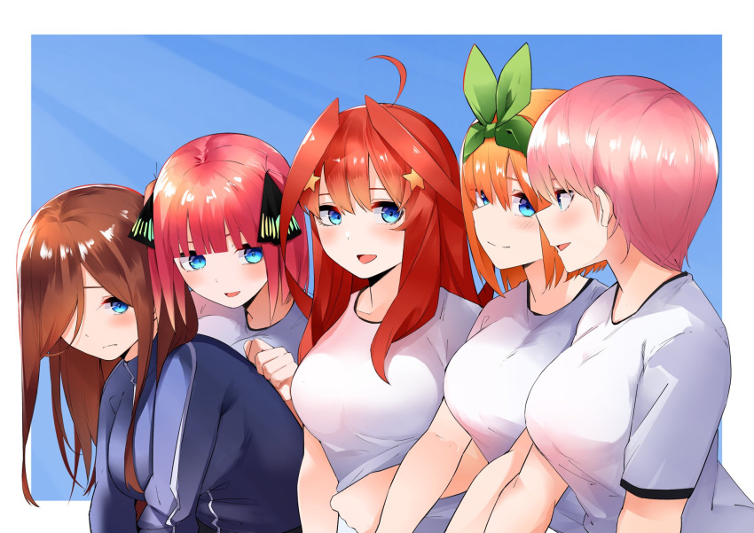 5girls ahoge black_ribbon blue_background blue_eyes blue_track_suit blunt_bangs blush breasts butterfly_hair_ornament closed_mouth commentary_request double-parted_bangs eyebrows_hidden_by_hair eyelashes from_side frown furrowed_brow go-toubun_no_hanayome green_ribbon gym_uniform hair_between_eyes hair_ornament hair_over_one_eye hair_ribbon highres hug hug_from_behind large_breasts long_hair long_sleeves looking_at_another mame1645 medium_hair multiple_girls nakano_ichika nakano_itsuki nakano_miku nakano_nino nakano_yotsuba one_eye_covered open_mouth orange_hair pink_hair profile quintuplets redhead ribbon shirt short_hair short_sleeves siblings side-by-side sidelocks simple_background sisters smile star_(symbol) star_hair_ornament straight_hair two_side_up upper_body white_shirt