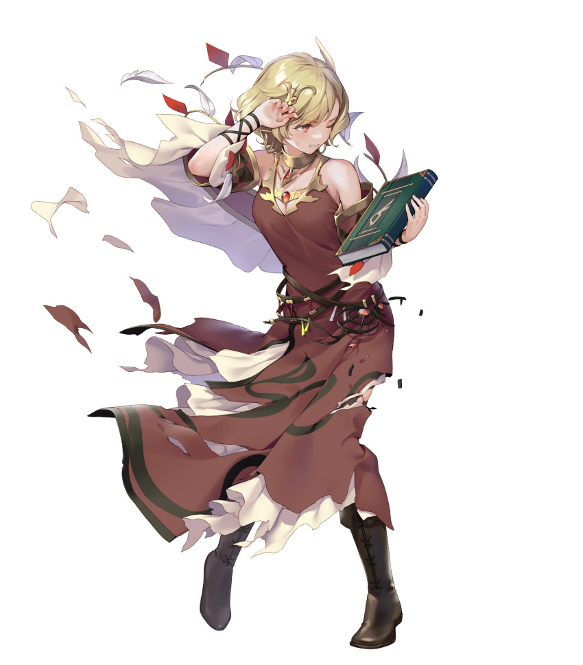 1girl bare_shoulders belt blonde_hair book boots breasts citrinne_(fire_emblem) dress feathers fire_emblem fire_emblem_engage fire_emblem_heroes full_body gold_trim hair_ornament hand_up highres holding holding_book jewelry knee_boots long_dress medium_breasts ne-on necklace non-web_source official_art one_eye_closed pantyhose short_hair solo torn_clothes torn_dress transparent_background violet_eyes
