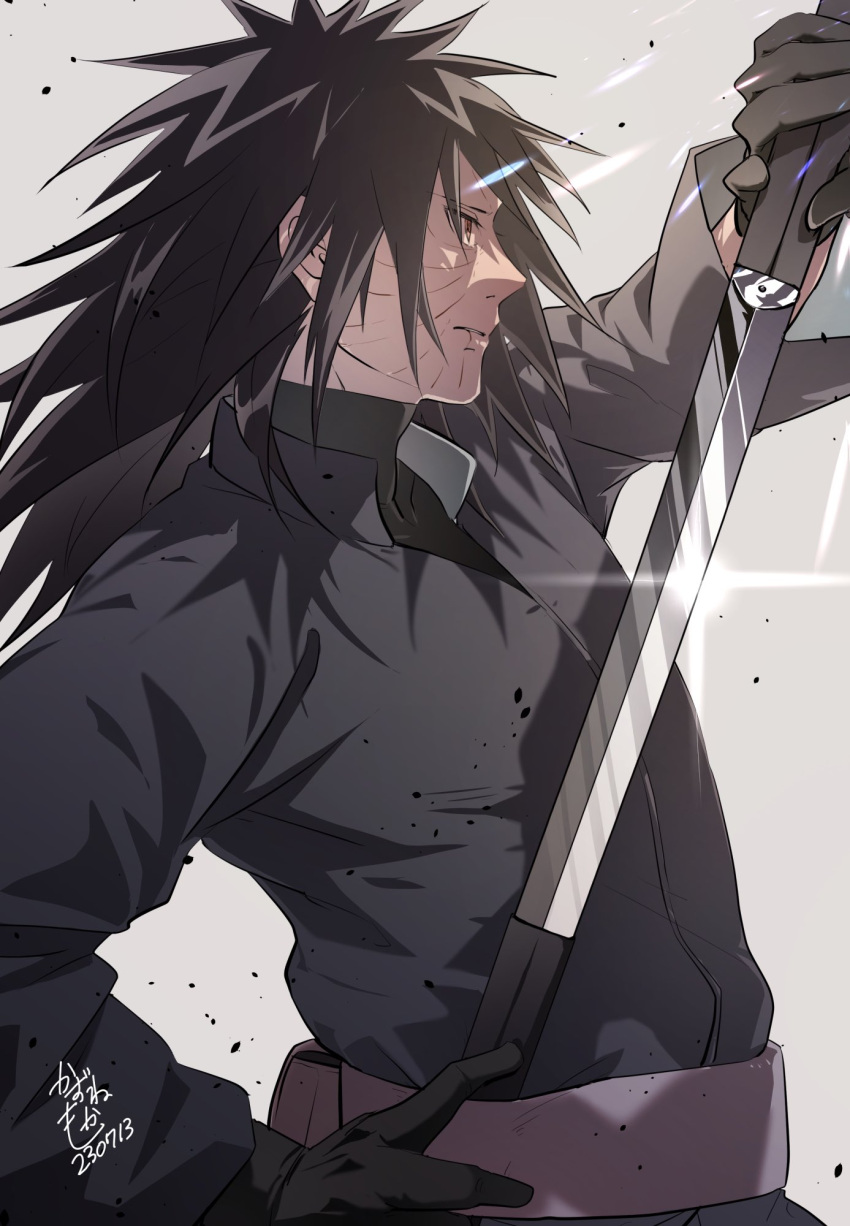 1boy black_hair commentary fighting_stance from_side glint gloves hand_up highres holding holding_sword holding_weapon lens_flare long_hair looking_ahead male_focus mocca1226 naruto_(series) naruto_shippuuden red_eyes scar scar_on_face serious sharingan sheath solo sword uchiha_obito unsheathing upper_body weapon wrinkled_skin