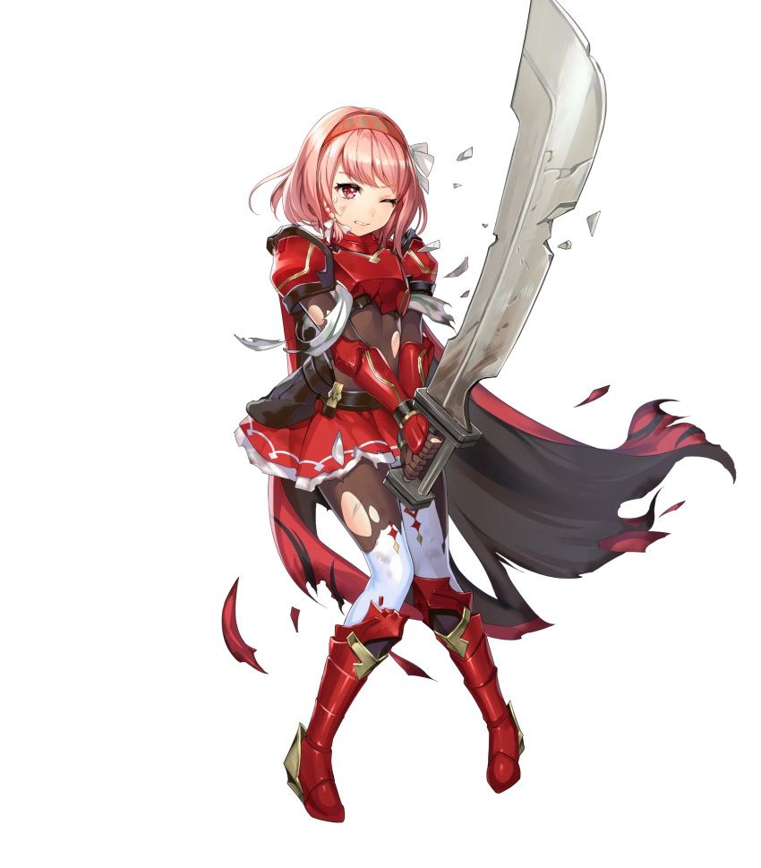 1girl armor breastplate broken broken_armor broken_sword broken_weapon cape chachie clenched_teeth fire_emblem fire_emblem_engage fire_emblem_heroes gauntlets hair_ornament hairband highres lapis_(fire_emblem) loincloth non-web_source official_art one_eye_closed pantyhose parted_lips pink_hair red_armor red_cape red_eyes short_hair shoulder_armor skirt solo sweat sweatdrop sword teeth thigh-highs torn_cape torn_clothes torn_pantyhose torn_skirt transparent_background weapon