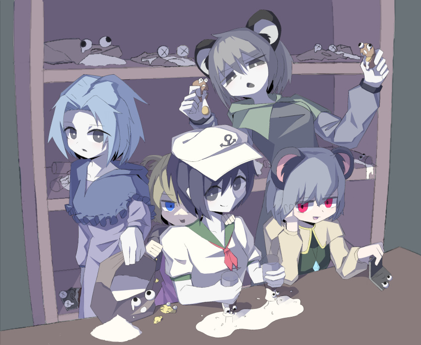 5girls anchor_symbol animal_ears black_eyes black_hair blue_eyes blue_hair bottle breasts bright_pupils candy capelet cheese chocolate chocolate_bar closed_mouth colored_skin commentary_request cookie_(touhou) crystal dress egg fake_nyon_(cookie) flour flour_(cookie) food fuwafuwa_usagi_mainichi_toukou googly_eyes green_capelet grey_dress grey_eyes grey_hair hair_between_eyes hat highres jewelry kumoi_ichirin long_sleeves looking_at_viewer medium_bangs medium_breasts milk milk_(cookie) milk_bottle mouse_ears mouse_girl multiple_girls murasa_minamitsu nazrin neckerchief nyon_(cookie) open_mouth parted_bangs pendant pouring red_eyes red_neckerchief sailor_collar sailor_hat sailor_shirt shirt short_hair smile touhou upper_body white_headwear white_pupils white_shirt white_skin