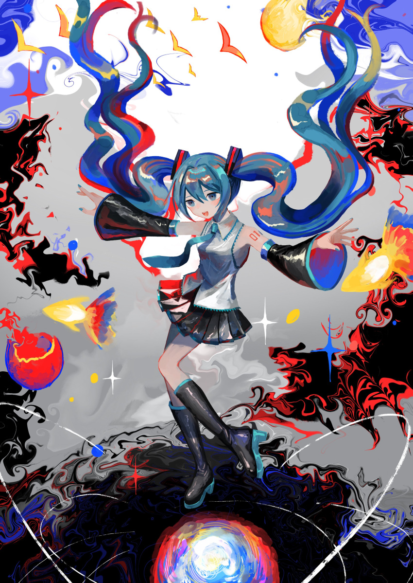 1girl abstract_background absurdres black_footwear black_skirt blue_eyes blue_hair blue_nails blue_necktie blush boots colorful commentary detached_sleeves english_commentary fish floating floating_hair foot_up full_body grey_shirt hair_ornament hatsune_miku high_heel_boots high_heels highres knee_boots long_hair looking_ahead multicolored_background necktie open_mouth orbital_path outstretched_arms pleated_skirt ringed_eyes sajou_denryoku shirt shoulder_tattoo simple_bird skirt sleeveless sleeveless_shirt smile solo sparkle spread_arms tattoo twintails very_long_hair vocaloid wide_sleeves