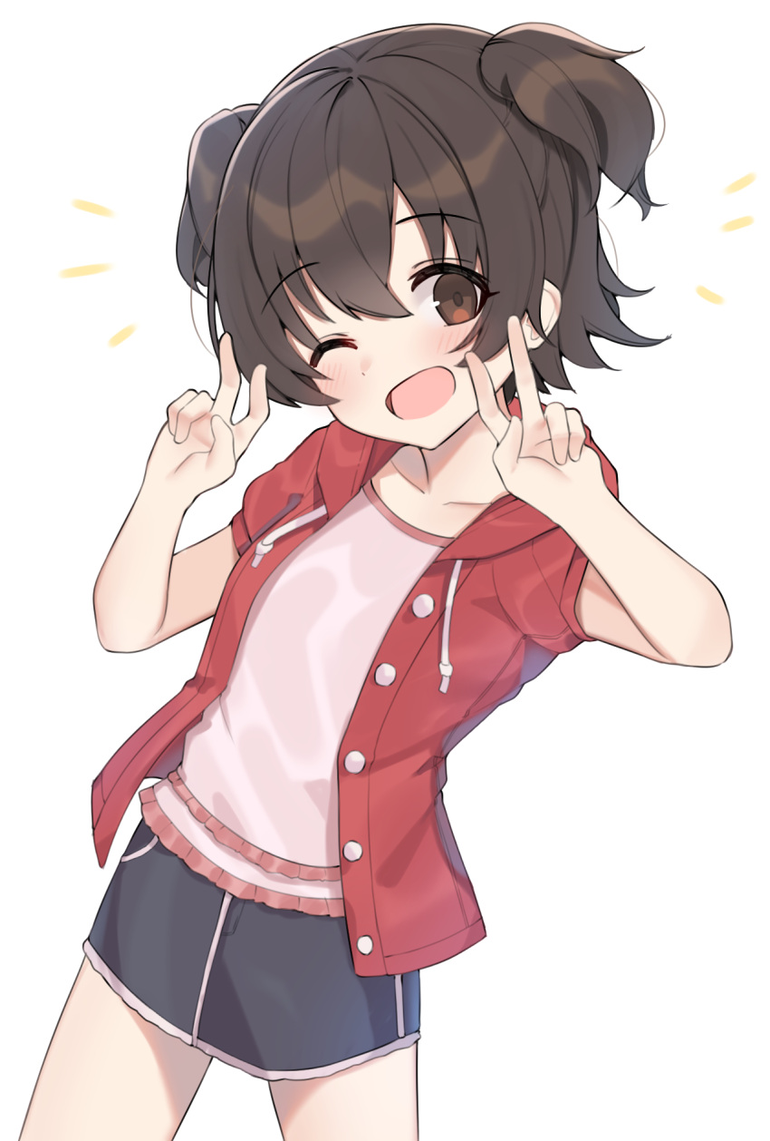1girl aa211108 akagi_miria black_hair black_skirt blush brown_eyes buttons collarbone commentary cowboy_shot dot_nose double_v drawstring female_child flat_chest frilled_shirt frills hair_between_eyes hands_up highres hood hooded_jacket idolmaster idolmaster_cinderella_girls idolmaster_cinderella_girls_u149 jacket looking_at_viewer miniskirt notice_lines one_eye_closed open_clothes open_jacket open_mouth pink_shirt red_jacket shirt short_hair short_sleeves short_twintails sidelocks skirt smile solo thighs twintails v white_background