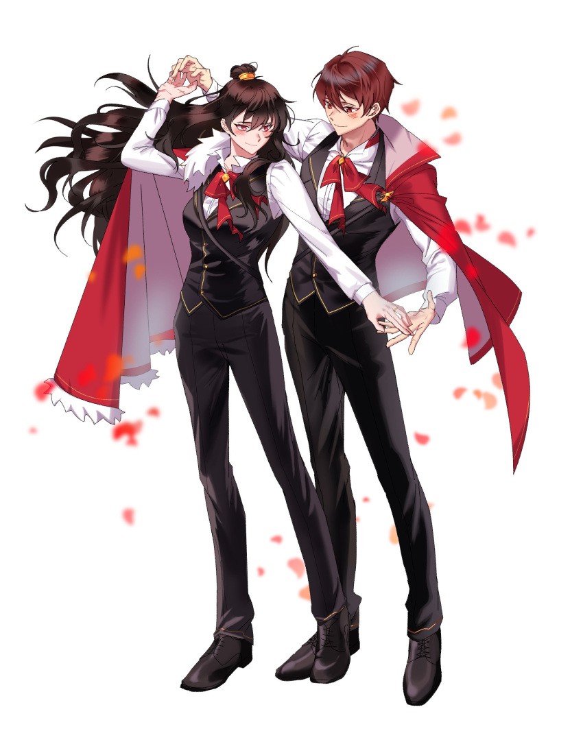 1boy 1girl absurdres black_footwear black_pants black_vest bow bowtie brown_hair cape closed_mouth collared_shirt full_body gold_trim hair_bun highres holding_hands jajeon_liu library_of_ruina long_hair lowell_(library_of_ruina) pants project_moon red_bow red_bowtie red_cape red_eyes redhead shirt shoes sidelocks simple_background smile standing very_long_hair vest white_background white_shirt xiao_(library_of_ruina)