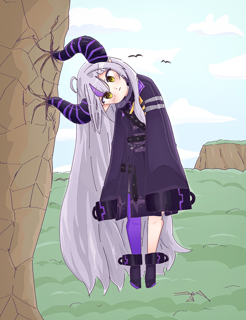 1girl :3 absurdres ahoge arms_at_sides berry_chop_man black_footwear blue_sky blush boots braid braided_bangs closed_mouth clouds cloudy_sky coat collar cuffs day demon_girl demon_horns full_body head_tilt high_heel_boots high_heels highres hololive horns la+_darknesss la+_darknesss_(1st_costume) long_hair long_sleeves looking_at_viewer metal_collar midair mountain outdoors pointy_ears purple_coat purple_hair purple_thighhighs sidelocks single_thighhigh sky sleeves_past_fingers sleeves_past_wrists slit_pupils smile solo stuck thigh-highs very_long_hair virtual_youtuber yellow_eyes