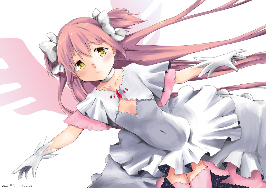 1girl absurdly_long_hair absurdres blush bow choker cleavage_cutout closed_mouth clothing_cutout collarbone commentary_request cropped_jacket dated dress frilled_dress frills gloves goddess_madoka hair_bow high-low_skirt highres jacket kaname_madoka layered_dress layered_sleeves leaning_forward light_smile long_hair looking_at_viewer low_neckline mahou_shoujo_madoka_magica mattie_sakuraebi navel outstretched_arms pink_gemstone pink_hair pink_thighhighs pink_wings shaft short_sleeves signature space_print starry_sky_print thigh-highs twintails two-sided_fabric two_side_up very_long_hair white_background white_bow white_choker white_dress white_gloves white_jacket wide_sleeves wings yellow_eyes