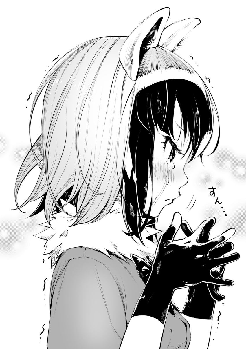 1girl animal_ears blush bow bowtie closed_mouth commentary_request common_raccoon_(kemono_friends) crying crying_with_eyes_open eyelashes from_side fukushima_masayasu fur_collar furrowed_brow gloves greyscale hands_up highres interlocked_fingers kemono_friends looking_down medium_hair monochrome multicolored_hair own_hands_together profile raccoon_ears sad solo streaming_tears sweater tears tsurime upper_body
