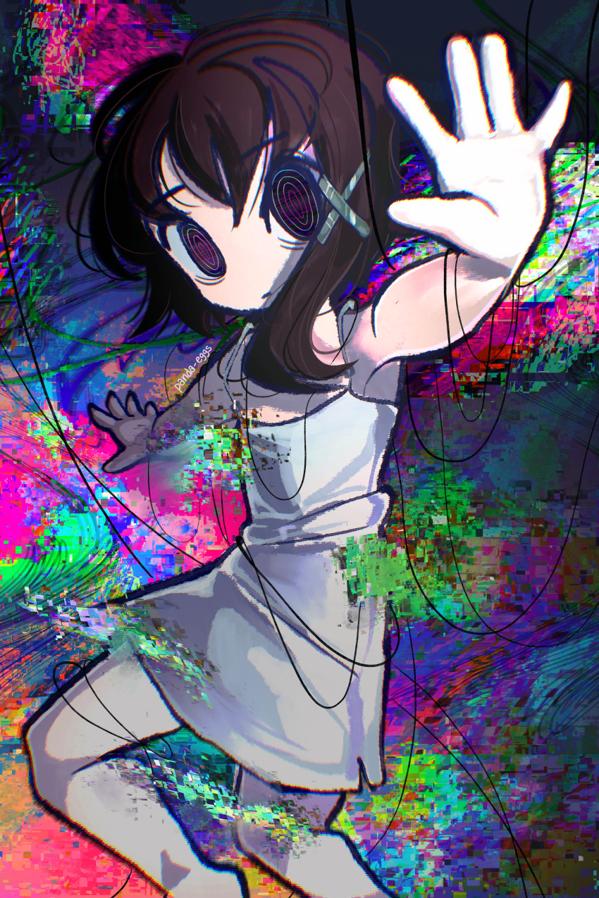 1girl abstract_background absurdres asymmetrical_hair black_eyes brown_hair camisole chemise chromatic_aberration colorful dress expressionless feet_out_of_frame floating glitch hair_ornament hairclip highres iwakura_lain looking_at_viewer messy_hair multicolored_background multicolored_eyes no_pupils outstretched_arms panda_eggs parted_lips ringed_eyes serial_experiments_lain single_sidelock sleeveless solo spaghetti_strap white_camisole white_dress wire x_hair_ornament
