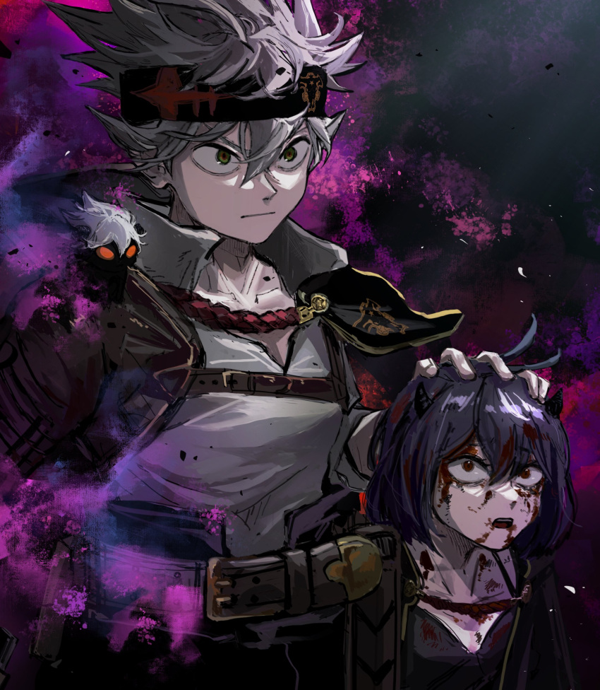 absurdres ahoge antenna_hair asta_(black_clover) black_bulls_(emblem) black_capelet black_clover black_dress black_hair black_headband blood capelet closed_mouth collared_shirt dress green_eyes grey_hair hair_between_eyes hand_on_another's_head headband highres liebe_(black_clover) long_bangs looking_at_another poonwip red_eyes secre_swallowtail shirt spiky_hair white_shirt