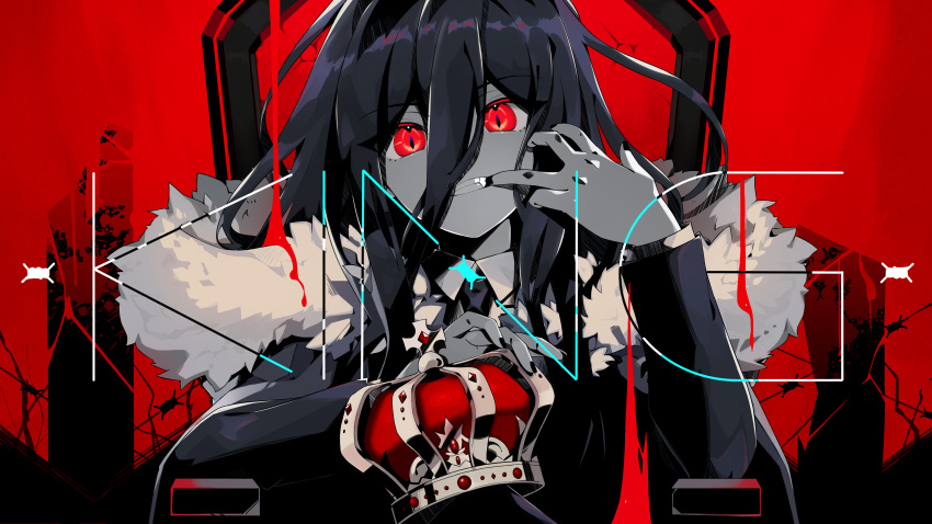 1boy absurdres barbed_wire black_hair black_jacket black_necktie cape collared_shirt crown crown_removed danganronpa_(series) danganronpa_2:_goodbye_despair fang finger_in_own_mouth fur-trimmed_cape fur_trim grin hair_between_eyes hanyaka highres holding holding_crown jacket kamukura_izuru king_(vocaloid) limited_palette long_hair long_sleeves looking_at_viewer male_focus mouth_pull necktie red_background red_eyes shirt simple_background sitting slit_pupils smile solo song_name upper_body white_shirt