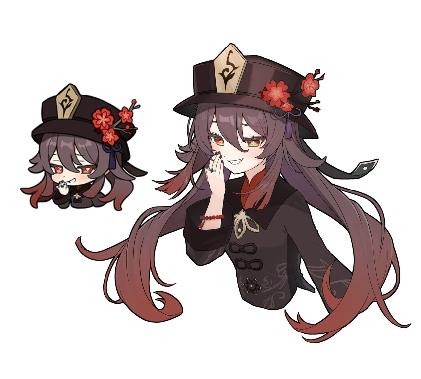 1girl absurdres bead_bracelet beads black_nails blush bracelet brown_hair chinese_clothes chinese_hat commentary_request flower genshin_impact genshin_impact_sticker_redraw_(meme) gradient_hair hair_between_eyes hand_to_own_mouth hat hat_flower head_tilt highres hu_tao_(genshin_impact) jewelry long_hair looking_at_viewer meme mo80_rr multicolored_hair nail nail_polish open_mouth parted_bangs porkpie_hat red_eyes red_shirt redhead ring shirt sidelocks simple_background smile solo star-shaped_pupils star_(symbol) symbol-shaped_pupils tassel teeth top_hat twintails very_long_hair white_background wide_sleeves