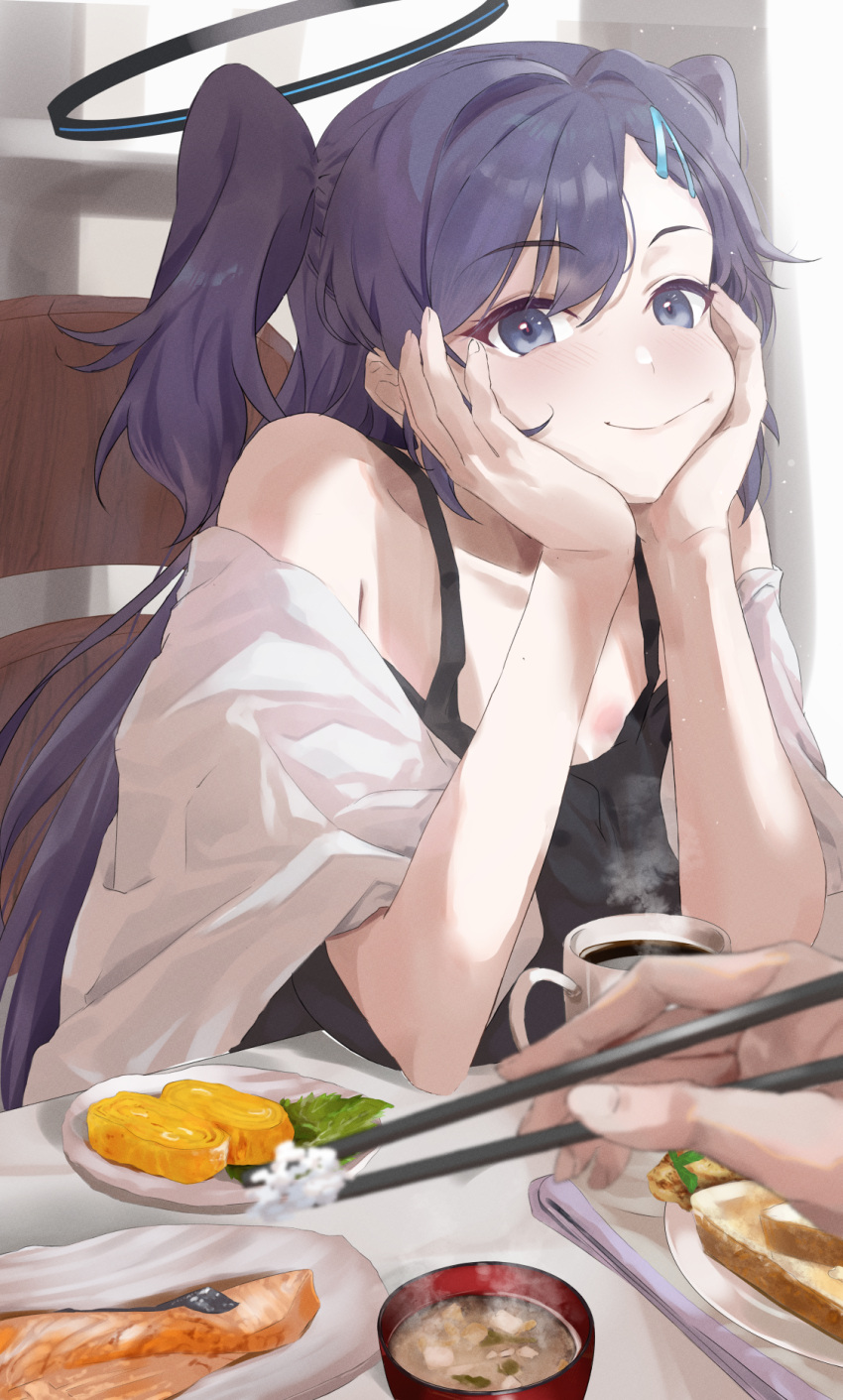 1boy 1girl black_camisole blue_archive breasts camisole coffee food halo hands_on_own_cheeks hands_on_own_face highres indoors kuu_(user_gngs5284) large_breasts long_hair looking_at_viewer miso_soup omelet pov pov_hands purple_hair salmon sitting steam tamagoyaki two_side_up very_long_hair violet_eyes yuuka_(blue_archive)