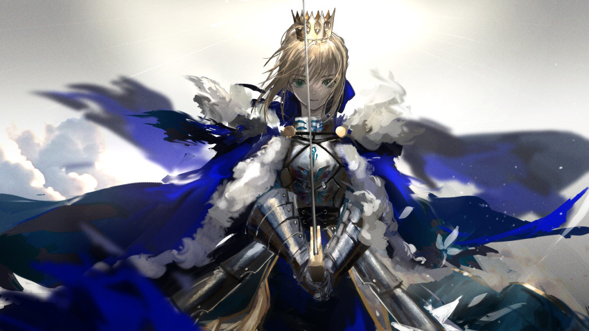 1girl ahoge armor artoria_pendragon_(fate) blodne_hair blue_bow blue_cape blue_skirt blurry blurry_background bow breastplate cape closed_mouth cowboy_shot crown fate/grand_order fate_(series) faulds fighting_stance film_grain floating_hair fur-trimmed_cape fur_trim gauntlets green_eyes grey_background hair_bow highres holding holding_sword holding_weapon looking_at_viewer narue saber serious short_hair skirt solo straight-on sword weapon wind wind_lift