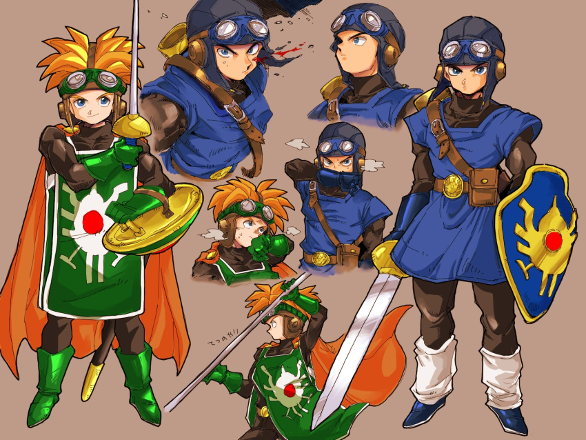 2boys belt black_bodysuit blue_eyes blue_gloves blue_headwear blue_tunic bodysuit boots cape closed_mouth commentary_request cousins cropped_torso dragon_quest dragon_quest_ii fighting_stance full_body gloves goggles goggles_on_headwear green_footwear green_gloves green_tabard highres holding holding_polearm holding_shield holding_sword holding_weapon looking_at_viewer male_focus multiple_boys multiple_views orange_cape orange_hair piyoko_saito polearm prince prince_of_lorasia prince_of_samantoria shield shoulder_belt simple_background spiky_hair standing sword tabard turtleneck upper_body weapon