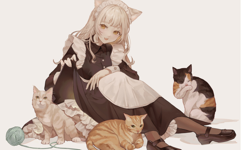 1girl absurdres animal animal_ears apron ball black_dress black_footwear blonde_hair buttons calico cat cat_ears closed_eyes clothes_lift collared_dress commentary dress dress_lift fingernails foot_out_of_frame frilled_apron frills highres kuiqiu_kq licking_paw lifted_by_self long_hair maid maid_apron maid_headdress mary_janes open_mouth orange_cat original petticoat shadow shoes sideways_glance simple_background sitting sleeve_cuffs smile solo string tabby_cat teeth upper_teeth_only wavy_hair white_apron white_background yarn yarn_ball yellow_eyes