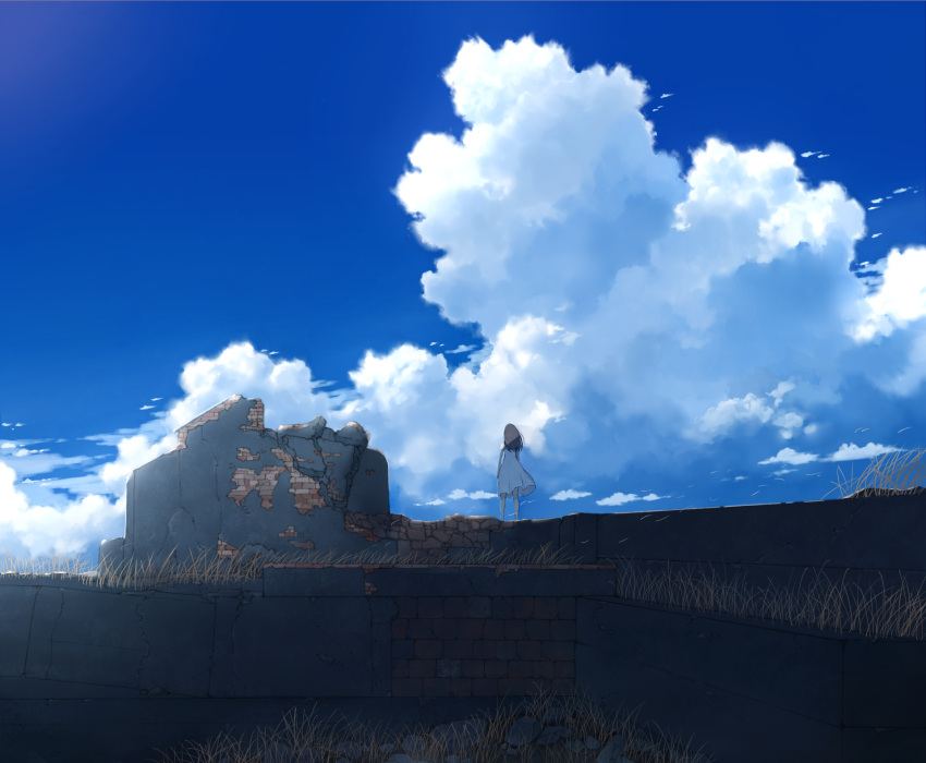 1girl anyotete black_hair blue_sky brick_wall clouds commentary_request cumulonimbus_cloud day dress english_commentary from_behind grass highres long_hair mixed-language_commentary original outdoors ruins scenery shade sky solo standing sundress white_dress wide_shot