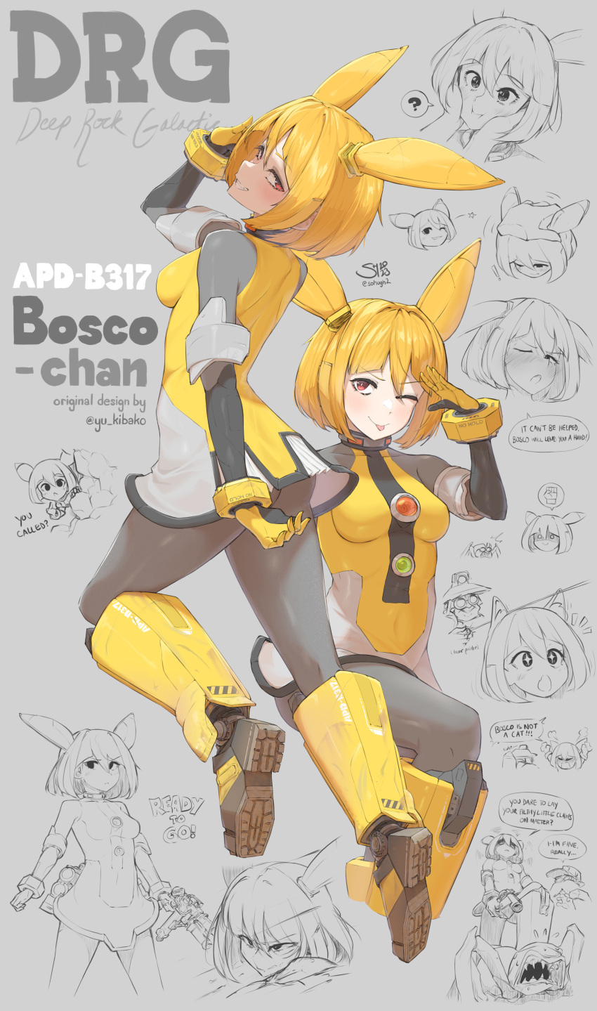 1girl ;p absurdres blonde_hair borrowed_character breasts collar covered_navel deep_rock_galactic highres large_breasts mecha_musume multiple_views one_eye_closed orange_eyes personification robot robot_ears robot_girl salute short_hair sohugh2 tongue tongue_out