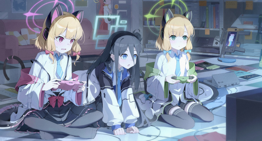 4girls absurdres animal_ear_headphones animal_ears aris_(blue_archive) black_hair black_skirt black_thighhighs blonde_hair blue_archive cat_ear_headphones closed_mouth coat controller couch fake_animal_ears game_controller hair_between_eyes hairband halo headphones highres indoors jacket long_hair midori_(blue_archive) momoi_(blue_archive) muina multiple_girls necktie off_shoulder on_floor one_side_up open_mouth parted_lips peeking_out playing_games pleated_skirt redhead shirt siblings sisters sitting skirt sweat tail thigh-highs twins very_long_hair white_coat white_shirt wide_sleeves yuzu_(blue_archive)