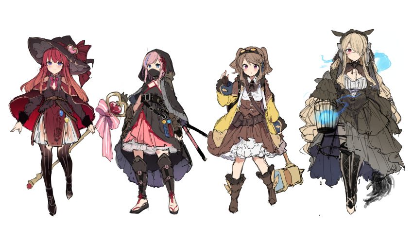 4girls :c absurdres anna_(ikeuchi_tanuma) armor assassin belt birdcage black_cloak black_dress black_shirt black_thighhighs blonde_hair blue_fire blue_hair blush boots bow brown_footwear brown_gloves brown_skirt cage capelet cloak corset crinoline criss-cross_halter cross-laced_footwear dress edel_(ikeuchi_tanuma) fantasy fingerless_gloves fire frilled_skirt frills full_body gloves goggles goggles_on_head greaves hair_over_one_eye halter_shirt halterneck hammer hat hat_bow highres holding holding_cage holding_hammer holding_staff hood hood_up hooded_cloak ikeuchi_tanuma lace-up_boots lineup long_bangs long_dress long_hair long_sleeves looking_at_viewer mask mouth_mask multicolored_hair multiple_girls neck_ribbon one_eye_covered open_mouth original pelvic_curtain petticoat pink_hair red_capelet red_eyes red_skirt redhead ribbon rije_(ikeuchi_tanuma) sandals shirt short_hair short_twintails side_slit sidelocks simple_background skirt sleeve_cuffs sleeveless sleeveless_shirt staff straight-on straight_hair streaked_hair swept_bangs thigh-highs tino_(ikeuchi_tanuma) twintails violet_eyes white_background wisp wizard wizard_hat