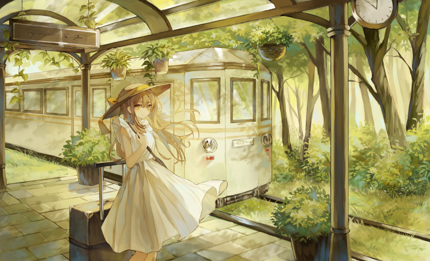 1girl bag bare_legs black_bag breasts brown_eyes brown_hair brown_headwear bush clock closed_mouth commentary dress feet_out_of_frame grass hanging_plant hat hat_ribbon highres long_hair looking_at_viewer making-of_available original plant potted_plant railroad_tracks ribbon scenery shoulder_bag sign sleeveless sleeveless_dress small_breasts solo standing suitcase sumi_0525 sun_hat train train_station tree white_dress wide_shot yellow_ribbon