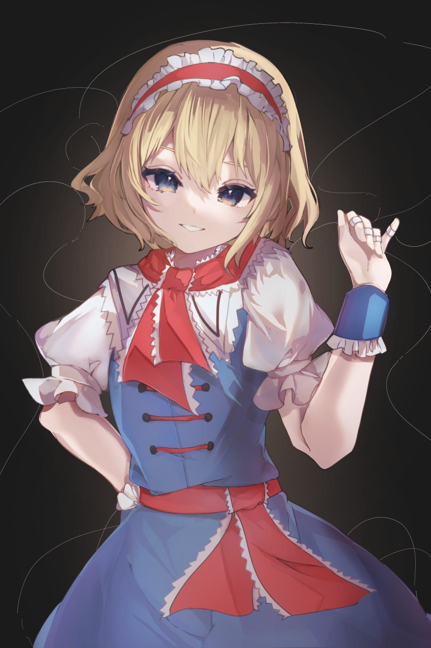 1girl absurdres alice_margatroid blonde_hair blue_dress dress grey_eyes hair_between_eyes hairband hayuk0 highres jewelry lolita_hairband looking_at_viewer open_mouth puppet_rings puppet_strings red_hairband ring short_hair short_sleeves smile solo touhou upper_body
