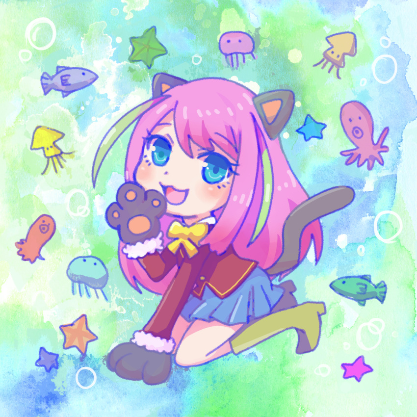 1girl animal_ears animal_hands blue_eyes blue_skirt blush boots bow cat_ears cat_girl cat_paws cat_tail eyelashes green_footwear hashimoto_nyaa high_heel_boots high_heels highres jacket jellyfish kapitann long_hair long_sleeves multicolored_hair octopus open_mouth osomatsu-san pink_hair pleated_skirt red_jacket skirt solo squid starfish streaked_hair tail