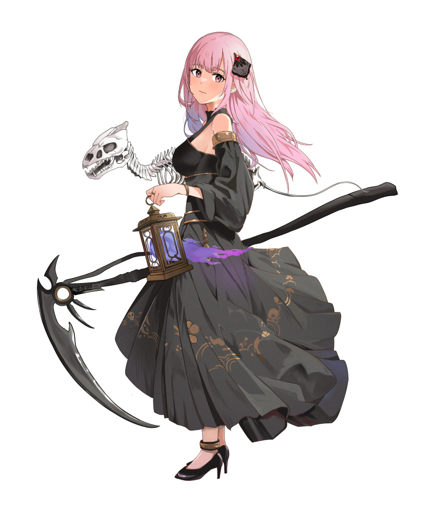 1girl absurdres alternate_costume anklet black_dress black_footwear black_ribbon black_sleeves bracelet breasts closed_mouth detached_sleeves dress expressionless floating_hair floral_print from_side hair_ribbon high_heels highres holding holding_lantern hololive hololive_english jewelry lantern large_breasts light_blush looking_at_viewer mori_calliope oruka_oru pink_eyes pink_hair pumps ribbon ring scythe simple_background skeleton skull_print sleeves_past_elbows solo standing virtual_youtuber white_background