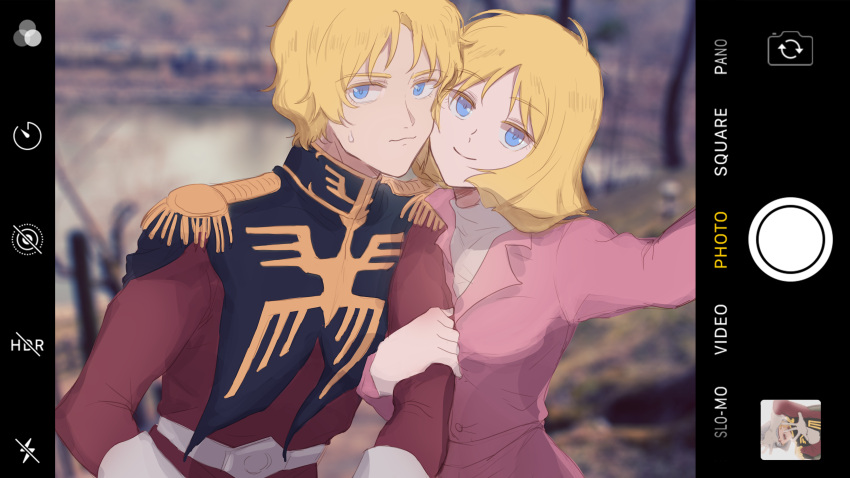 1boy 1girl absurdres belt blonde_hair blue_eyes blurry blurry_background brother_and_sister cellphone char_aznable closed_mouth epaulettes fake_phone_screenshot fake_screenshot gloves gundam high_collar highres jacket locked_arms long_sleeves looking_at_viewer military_uniform mobile_suit_gundam phone photo_background pink_jacket red_jacket sayla_mass shirt short_hair siblings smartphone smile sweat taking_picture tira_zhang turtleneck uniform upper_body wavy_mouth white_belt white_gloves white_shirt