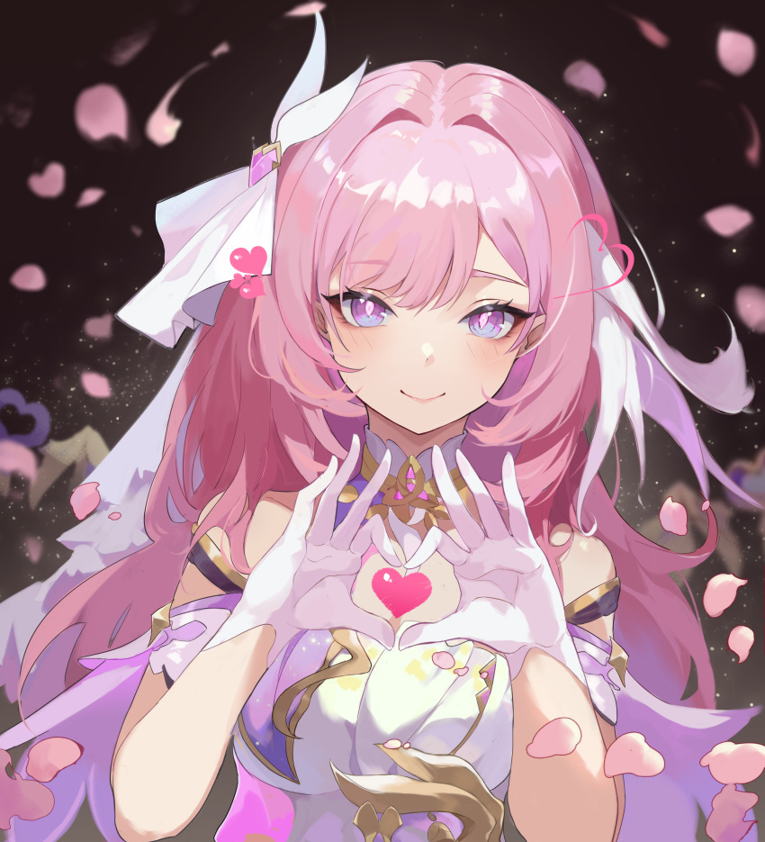 1girl absurdres blush breasts closed_mouth elysia_(herrscher_of_human:ego)_(honkai_impact) elysia_(honkai_impact) gloves heart heart_hands highres honkai_(series) honkai_impact_3rd large_breasts long_hair looking_at_viewer petals pink_hair smile solo sooner upper_body white_gloves white_headwear