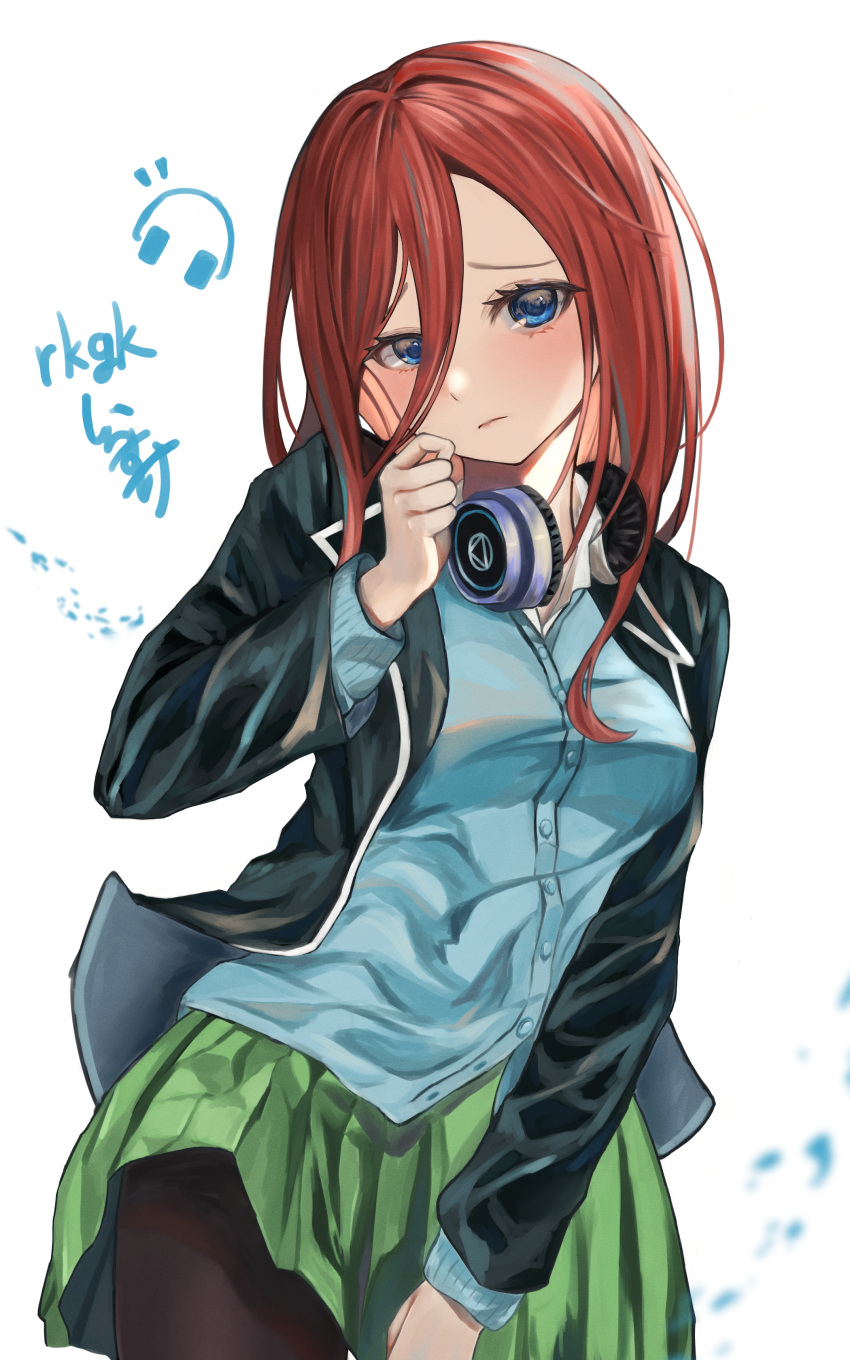 1girl absurdres black_jacket black_pantyhose blue_cardigan blue_eyes blush breasts brown_hair cardigan closed_mouth commentary_request film_grain go-toubun_no_hanayome green_skirt hair_between_eyes headphones headphones_around_neck highres jacket long_hair long_sleeves looking_at_viewer medium_breasts nakano_miku open_clothes open_jacket pantyhose partial_commentary pleated_skirt shirasuke_0822 shy signature simple_background skirt solo white_background