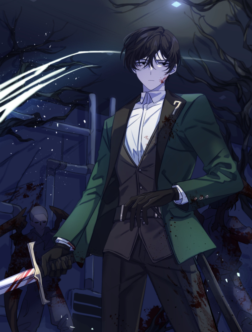 1boy absurdres belt black_belt black_eyes black_gloves black_hair black_pants black_vest blood blood_on_clothes chel_(ttt_lc) closed_mouth collared_shirt gloves green_jacket highres holding holding_sword holding_weapon jacket limbus_company long_sleeves male_focus pants project_moon shirt solo sword vest weapon white_shirt yi-sang_(limbus_company)