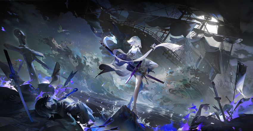 1girl animal bird black_gloves boat character_request clouds colorful copyright_request flag gloves highres japanese_clothes long_sleeves ninja ruoganzhao scarf short_hair solo standing sword traditional_clothes water watercraft waves weapon white_hair