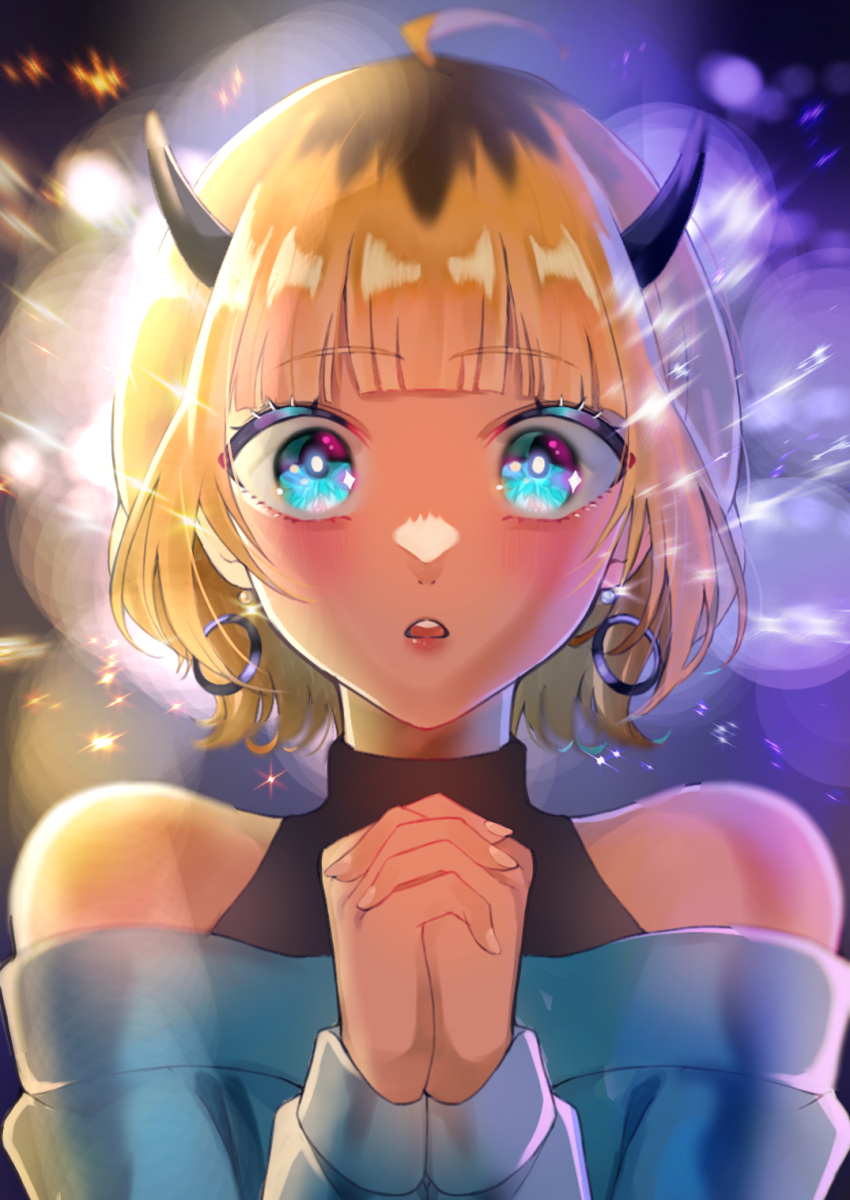 1girl ahoge bare_shoulders blonde_hair blue_eyes blue_sweater blunt_bangs blurry blush bokeh demon_horns depth_of_field earrings emphasis_lines fake_horns glowing hands_up highres hoop_earrings horns jewelry light_particles looking_at_viewer memcho off-shoulder_sweater off_shoulder open_mouth oshi_no_ko own_hands_clasped own_hands_together short_hair sleeveless sleeveless_turtleneck solo suguru_(user_wtwm8275) surprised sweater turtleneck upper_body