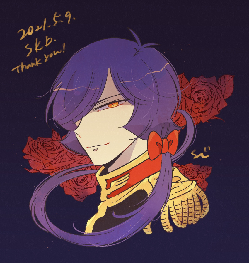 1boy artist_name bow closed_mouth dated epaulettes flower garma_zabi gundam gundam_gihren_no_yabou hair_bow hair_over_one_eye high_collar highres long_hair looking_at_viewer male_focus orange_eyes ponytail portrait purple_background purple_hair red_bow red_flower red_rose rose shiikura signature simple_background smirk solo