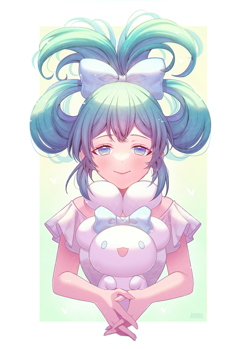 1girl absurdres blue_eyes blue_hair blush border bow cinnamiku cinnamoroll green_background hair_bow half-closed_eyes hatsune_miku highres holding holding_stuffed_toy interlocked_fingers long_hair looking_at_viewer loveedreams outside_border sanrio shirt smile solo straight-on stuffed_toy twintails updo vocaloid white_border white_bow white_shirt