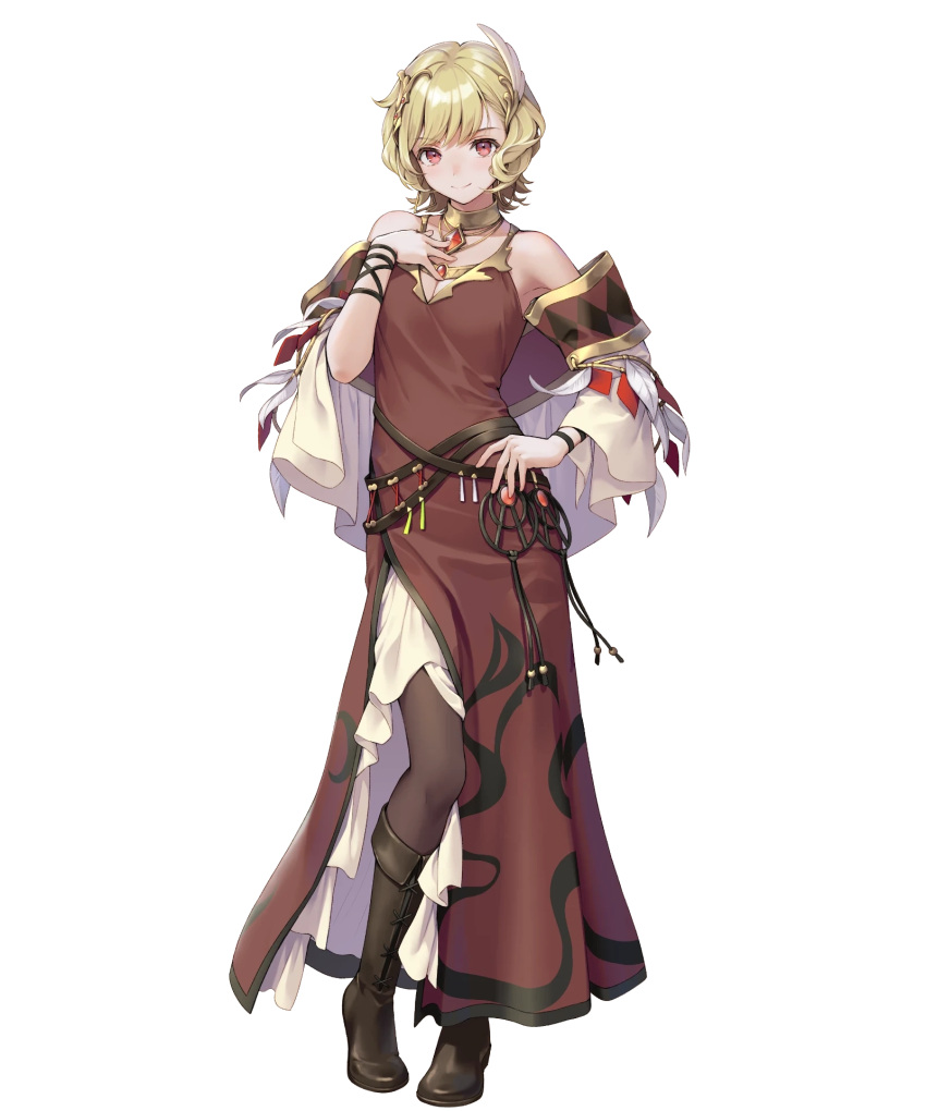 1girl bare_shoulders belt blonde_hair blush boots breasts capelet citrinne_(fire_emblem) closed_mouth dress feathers fire_emblem fire_emblem_engage fire_emblem_heroes full_body gold_trim hair_ornament hand_on_own_chest hand_on_own_hip hand_up highres jewelry knee_boots long_dress looking_at_viewer medium_breasts ne-on necklace non-web_source official_art pantyhose short_hair smile solo standing transparent_background violet_eyes
