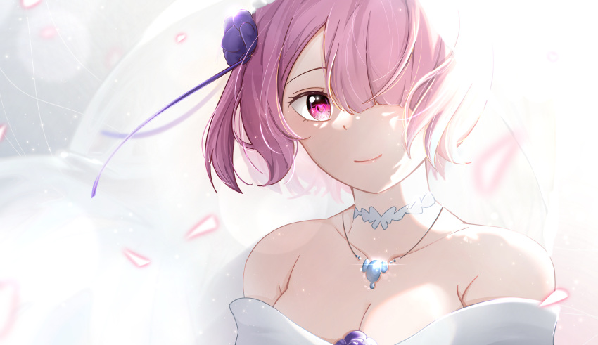 1girl absurdres bare_shoulders breasts bride choker commentary_request dress flower hair_flower hair_ornament hair_over_one_eye heart heart-shaped_pupils highres jewelry light_smile looking_at_viewer medium_breasts necklace olivia66949612 pink_eyes pink_hair ram_(re:zero) re:zero_kara_hajimeru_isekai_seikatsu short_hair smile solo strapless strapless_dress symbol-shaped_pupils wedding_dress white_choker white_dress