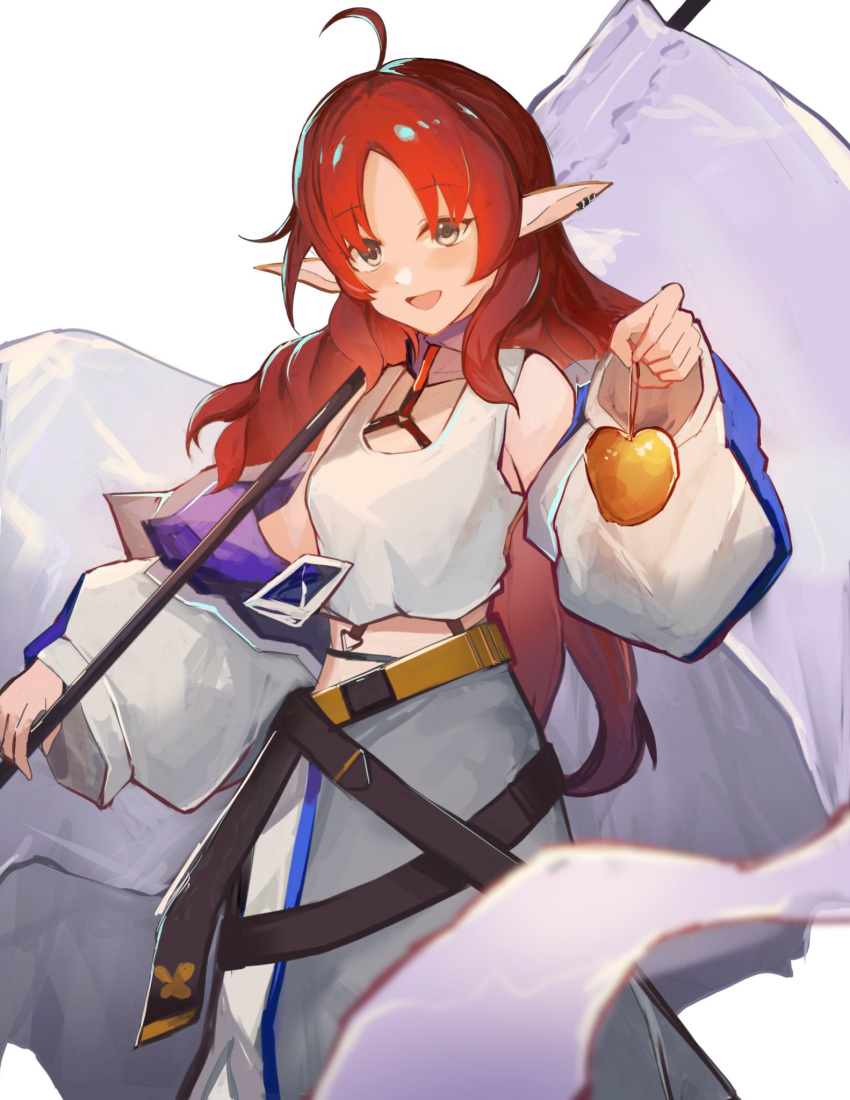 1girl apple arknights belt breasts commentary crop_top earrings feet_out_of_frame flag food fruit golden_apple highres holding holding_flag holding_food holding_fruit jacket jewelry long_hair looking_at_viewer multiple_girls myrtle_(arknights) open_mouth parted_bangs pointy_ears puffy_sleeves redhead ruyu_(txzy22) shirt sidelocks simple_background skirt small_breasts smile solo wavy_hair white_background white_flag white_jacket white_shirt white_skirt yellow_eyes