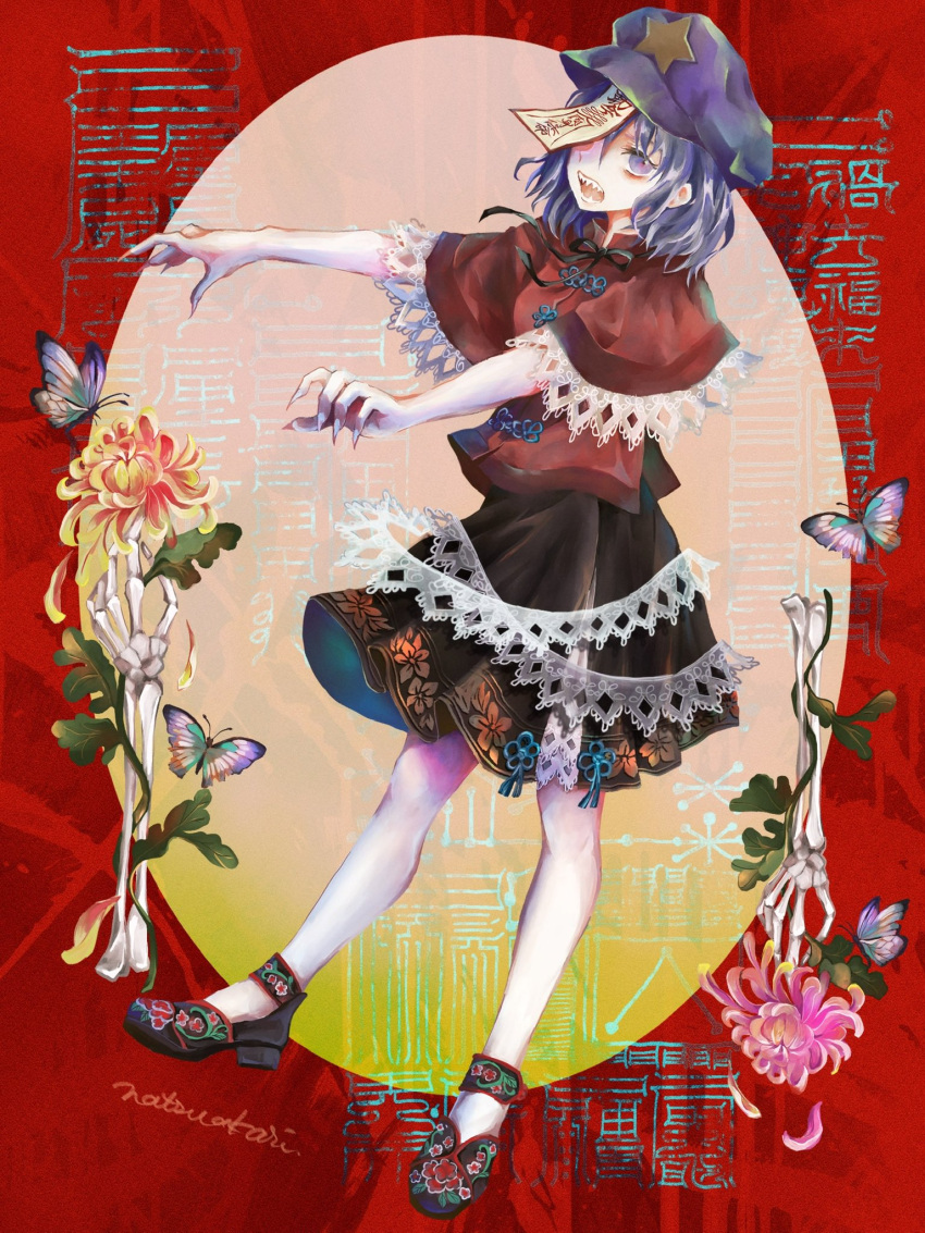 1girl black_footwear black_ribbon black_skirt blue_hair breasts bug butterfly cabbie_hat chinese_clothes chrysanthemum commentary_request fingernails floral_print flower full_body hair_between_eyes hair_ornament hat hat_ornament highres jiangshi lace-trimmed_sleeves lace_trim long_bangs looking_at_viewer miyako_yoshika natsuakari neck_ribbon ofuda open_mouth outstretched_arms pink_flower print_footwear print_skirt purple_butterfly purple_headwear red_shirt ribbon sharp_fingernails sharp_teeth shirt short_hair short_sleeves skirt small_breasts solo star_(symbol) star_hat_ornament tangzhuang teeth touhou violet_eyes wide_sleeves yellow_flower zombie_pose