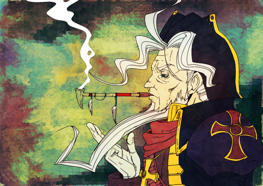 1boy beard blue_eyes cheekbones christopher_columbus_(fate) cross cross_necklace facial_hair fate/grand_order fate_(series) from_side gloves hat jewelry long_beard male_focus mouth_hold necklace old old_man pirate_hat smoke smoking smoking_pipe solo upper_body white_gloves white_hair zel_(zelgatd)