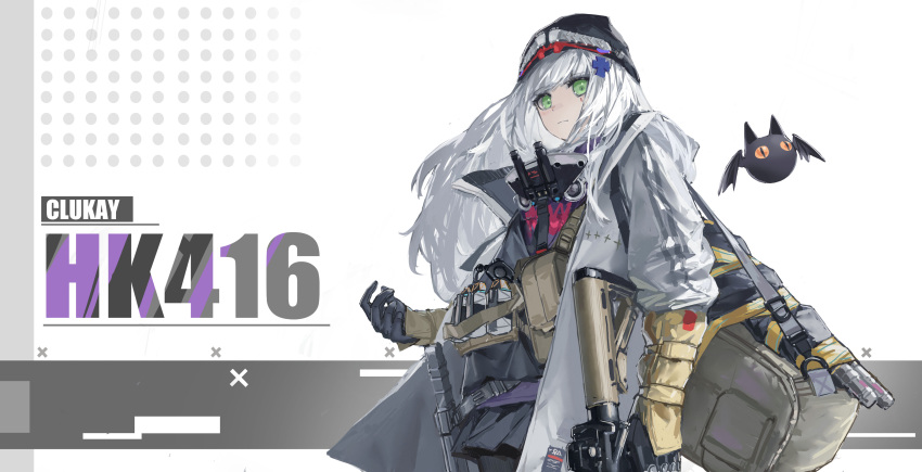 1girl absurdres assault_rifle bag black_gloves black_headwear black_skirt character_name closed_mouth commentary_request countryman_(artist) girls'_frontline_neural_cloud girls_frontline gloves green_eyes gun h&amp;k_hk416 highres hk416_(girls'_frontline) holding holding_gun holding_weapon jacket long_hair looking_at_viewer looking_down machine_gun open_clothes open_jacket pleated_skirt rifle skirt solo tactical_clothes weapon white_hair white_jacket