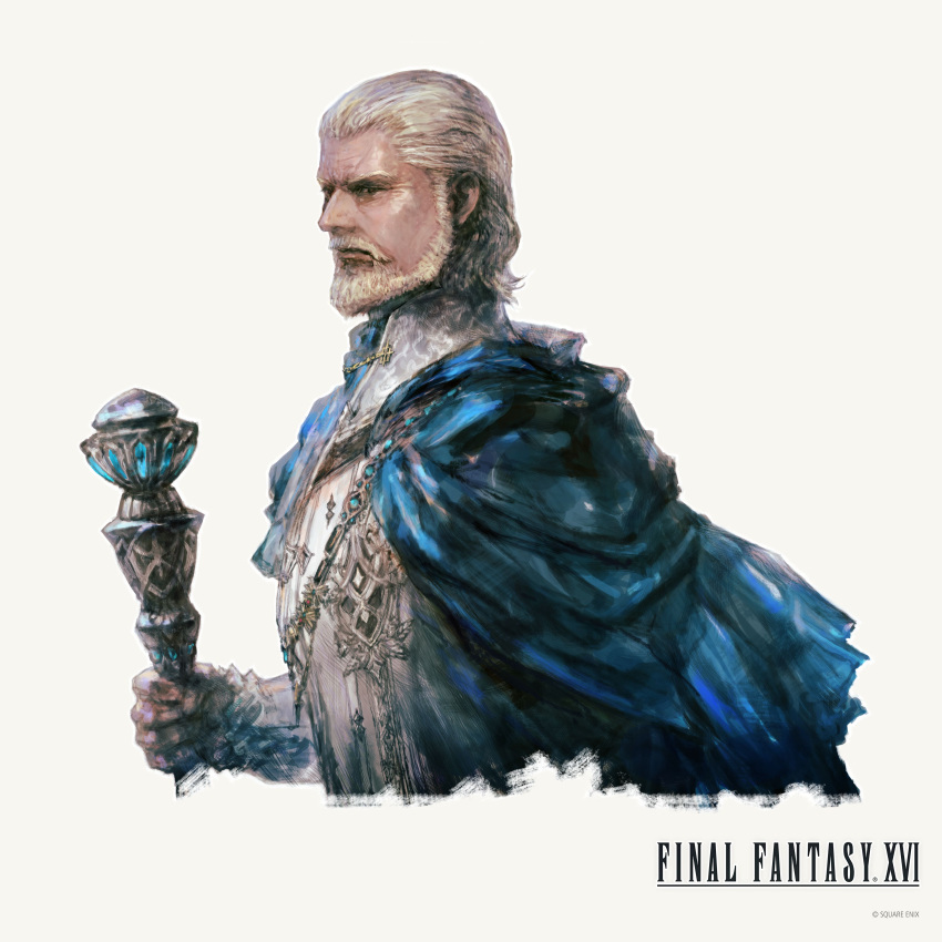 1boy absurdres beard blonde_hair blue_cape cape copyright_name cropped_torso facial_hair final_fantasy final_fantasy_xvi from_side highres holding holding_scepter mature_male mustache official_art scepter shirt short_hair simple_background solo standing sylvestre_lesage takahashi_kazuya upper_body white_background white_shirt