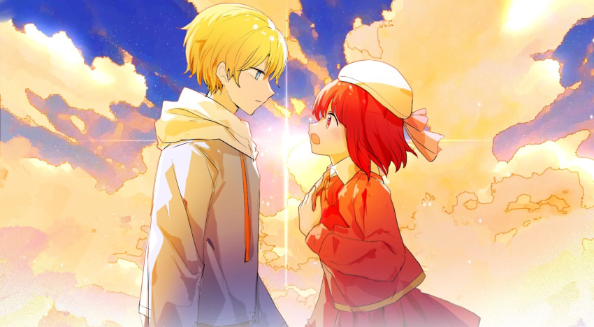 1boy 1girl akirarec arima_kana beret blonde_hair blue_eyes blue_sky blush bow chinese_commentary clouds collared_shirt commentary_request eye_contact from_side grey_bow grey_hoodie hair_between_eyes hat hat_bow highres hood hoodie hoshino_aquamarine long_sleeves looking_at_another medium_hair open_mouth oshi_no_ko outdoors parted_lips pleated_skirt profile red_eyes redhead school_uniform shirt short_hair sidelocks skirt sky star-shaped_pupils star_(symbol) sun symbol-shaped_pupils white_headwear white_shirt youtou_high_school_uniform