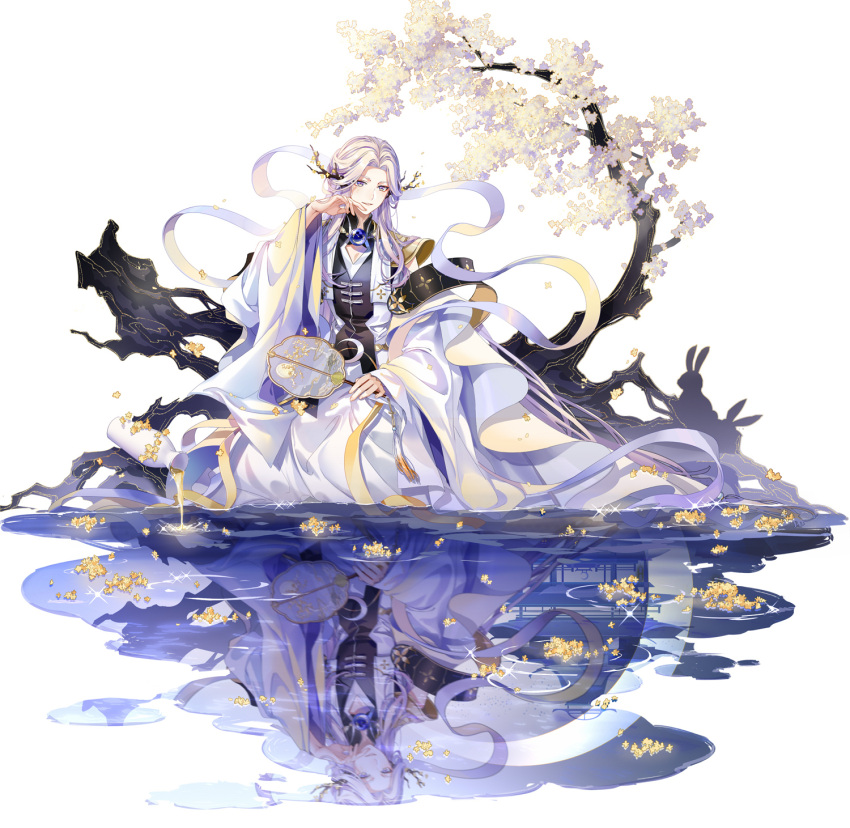 1boy alcohol arm_cutout black_vest blonde_hair blue_gemstone bottle branch chinese_clothes crescent_moon facial_mark flower flower_on_liquid full_body gem hagoromo hair_flower hair_ornament hand_fan hand_to_own_mouth hanfu highres holding holding_fan lingcat long_hair long_sleeves moon multicolored_hair official_art osmanthus osmanthus_wine_(the_tale_of_food) parted_bangs parted_lips purple_hair rabbit reflection reflective_water robe shawl simple_background sitting smile sparkle spilling tassel the_tale_of_food tree tuanshan vest violet_eyes water white_background white_robe wide_sleeves yellow_flower