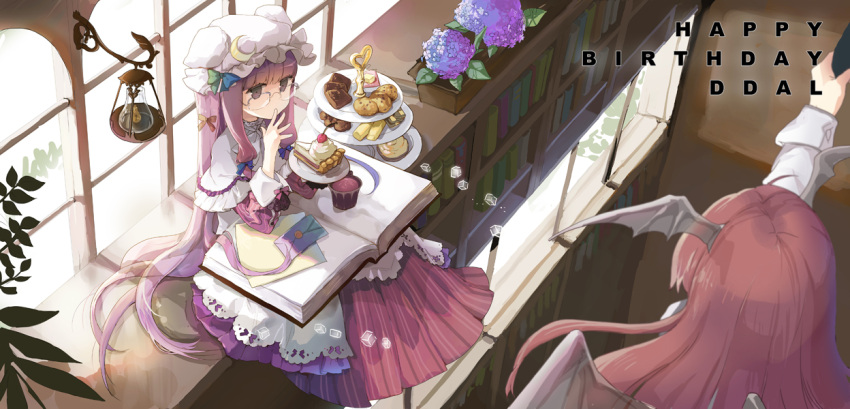 anmi bat_wings bespectacled book cake character_request food glasses hat head_wings koakuma long_hair multiple_girls patchouli_knowledge purple_hair red_hair sitting touhou wings
