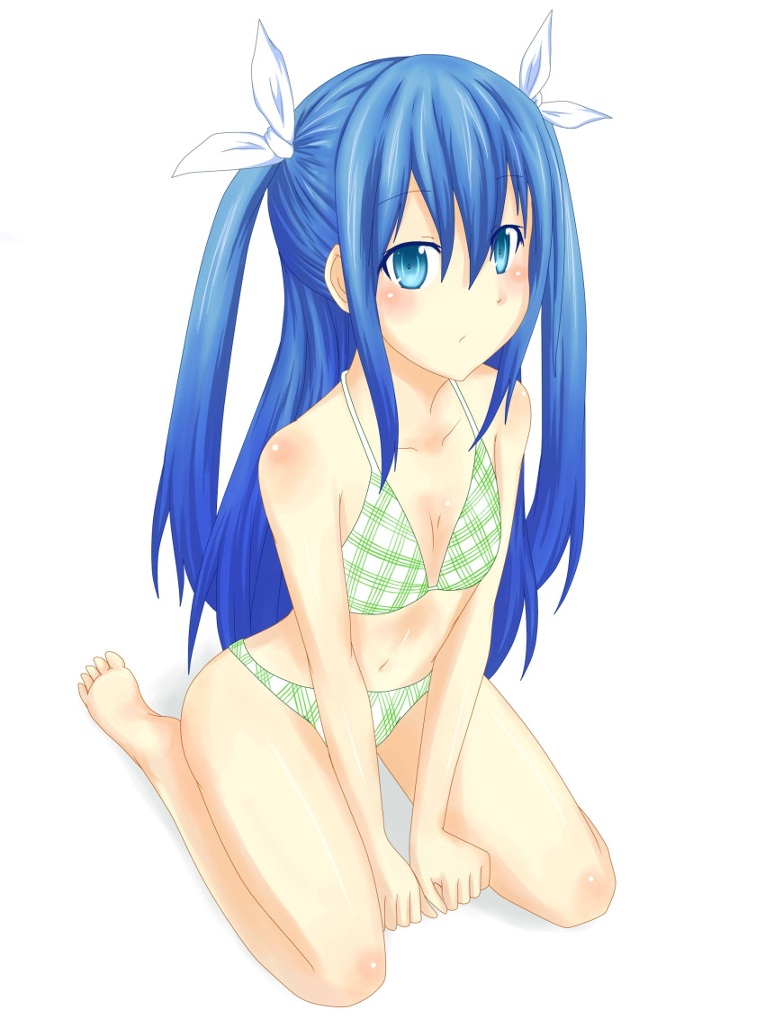 1girl absurdres arute_arisu between_legs bikini blue_eyes blue_hair breasts cleavage collarbone eyebrows_visible_through_hair fairy_tail green_bikini hair_ribbon hand_between_legs highres kneeling long_hair matching_hair/eyes navel ribbon simple_background small_breasts solo swimsuit two_side_up wendy_marvell white_background white_ribbon